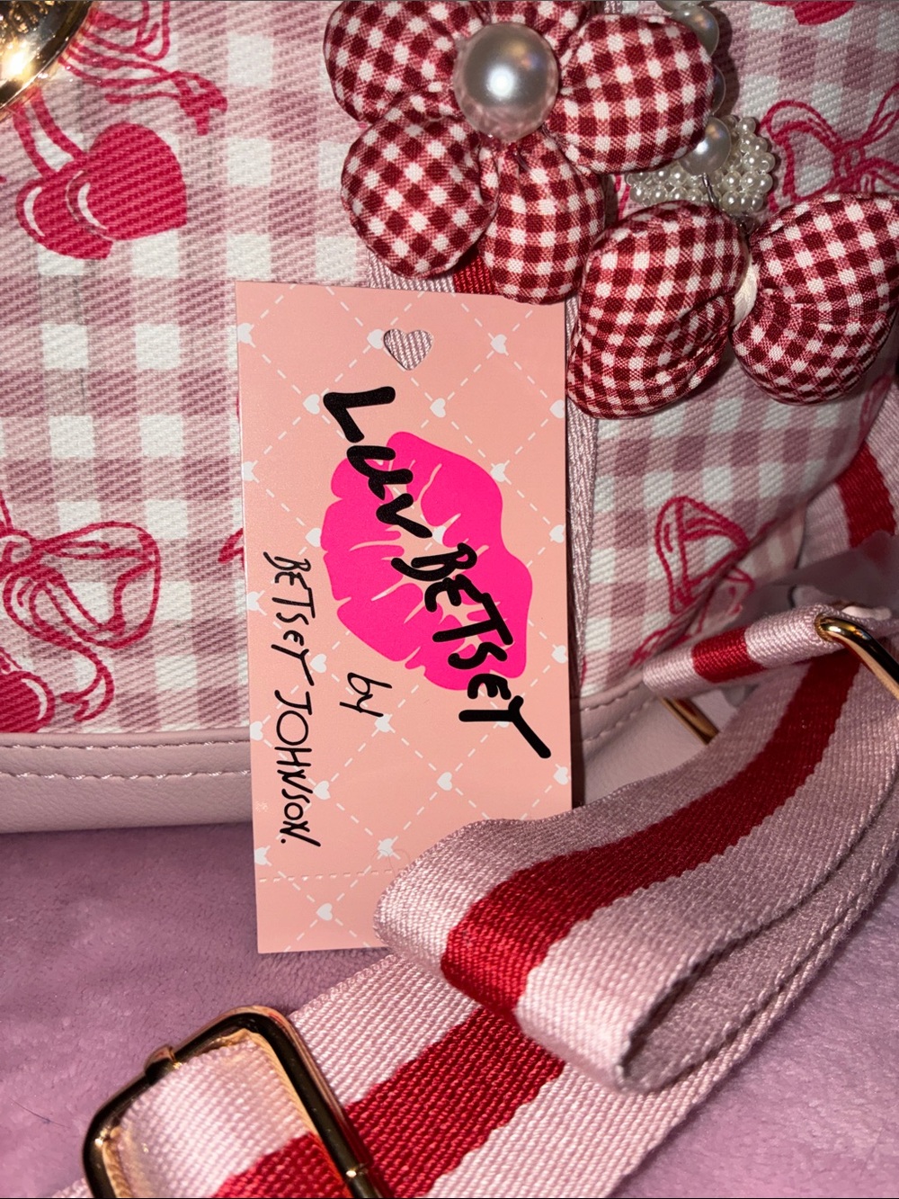 Pink Cherry Gingham Tote Bag with Heart Accent - Picture 2 of 4